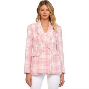 Fate Ursula Pink White Tweed Double Breasted Fringe Trim Long Blazer